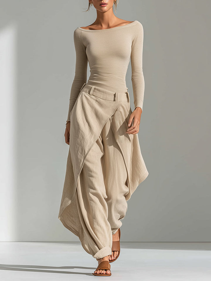 Delphine | Beige Boat Neck Top and Wide Ruffle Pants