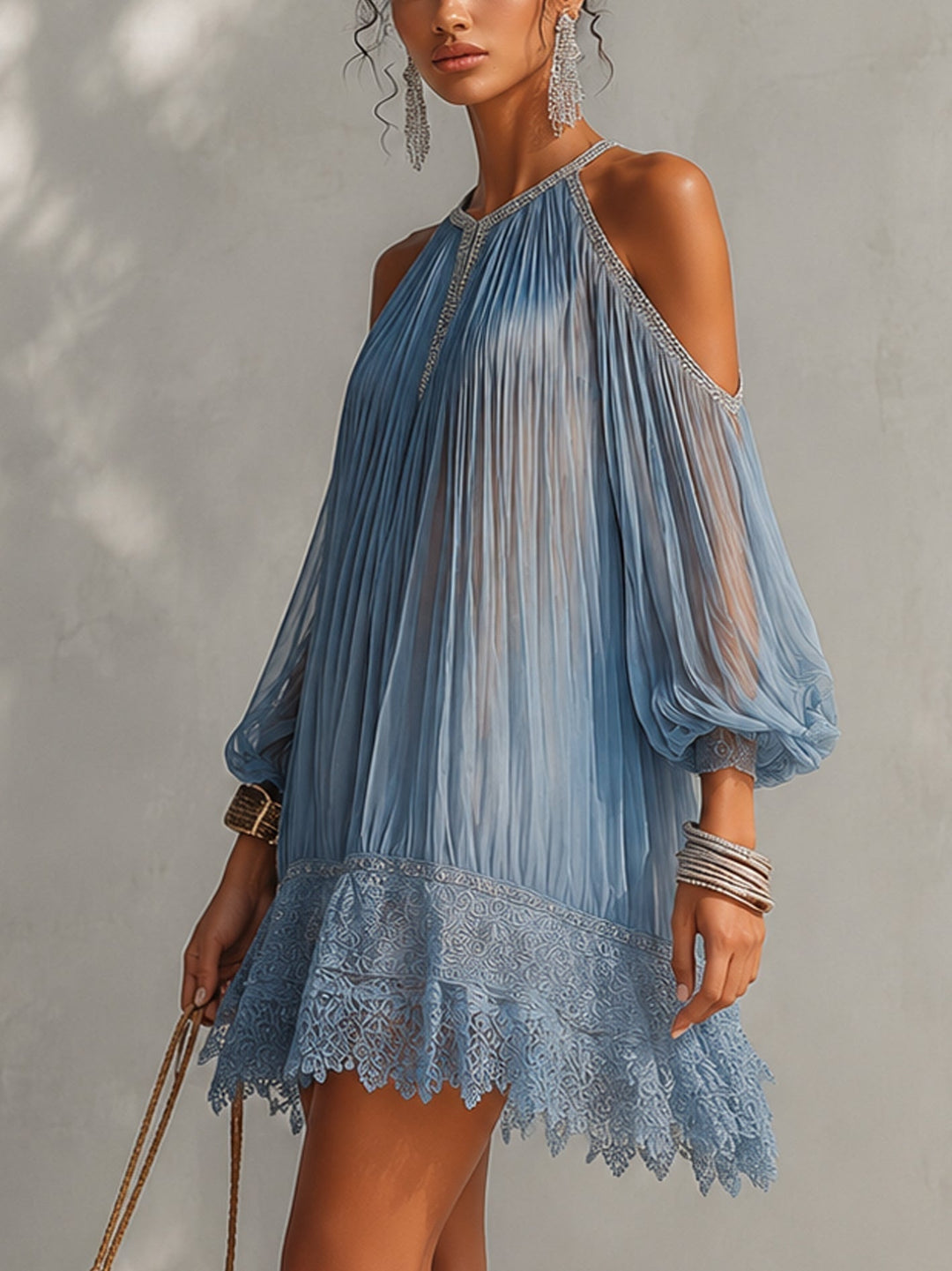 Celeste | Mini Blue Dress with Off-Shoulder Ruching and Lace Trim