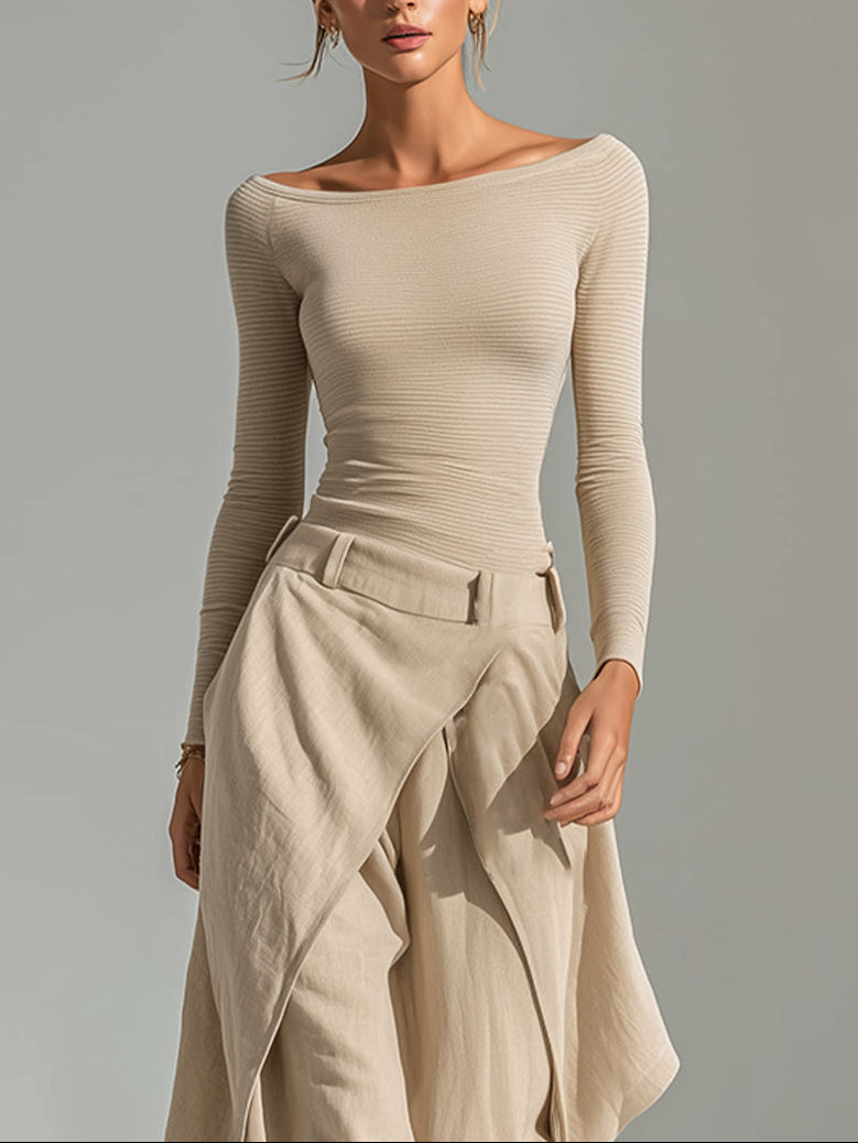 Delphine | Beige Boat Neck Top and Wide Ruffle Pants