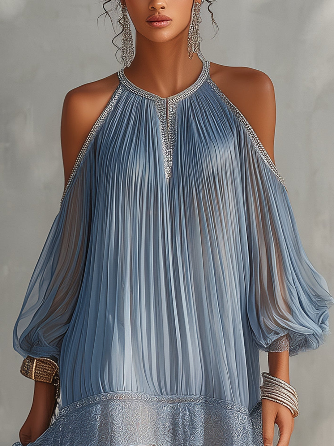 Celeste | Mini Blue Dress with Off-Shoulder Ruching and Lace Trim