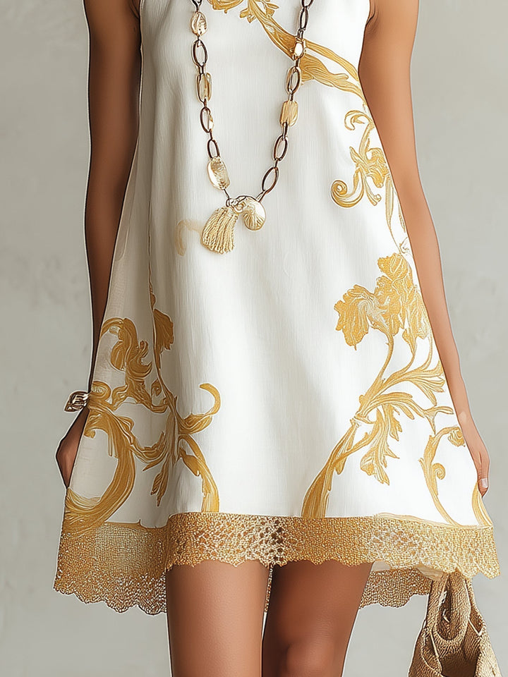 Héloïse | Mini Dress in White Lace with Golden Patterns