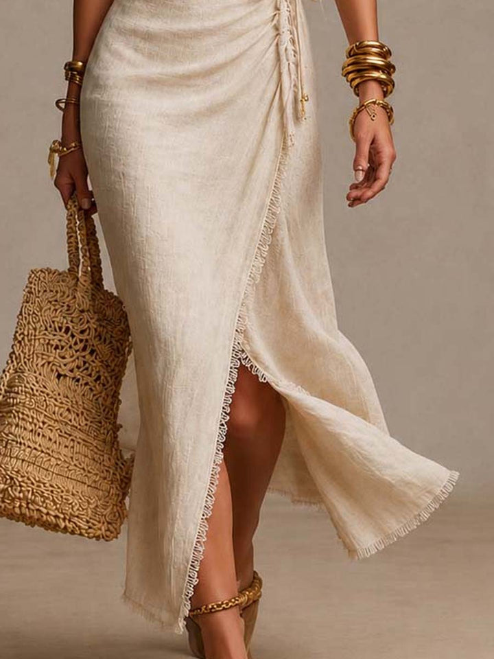 Ainomaria | Natural Linen Midi Dress with Crisscross Neckline and Lace