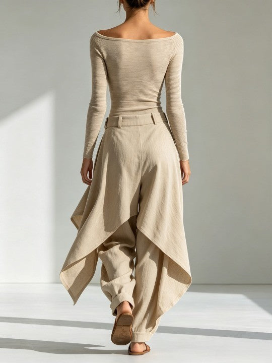Delphine | Beige Boat Neck Top and Wide Ruffle Pants