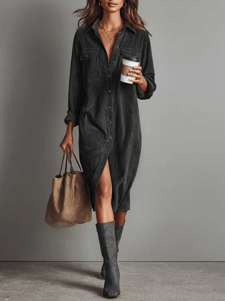 Béatrice | Midi Dress in Corduroy with Pockets and Simple Button Closure