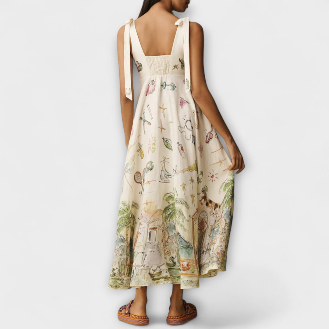 Juliette - Colorful Midi Dresses Made of Linen with a Ballet Belt