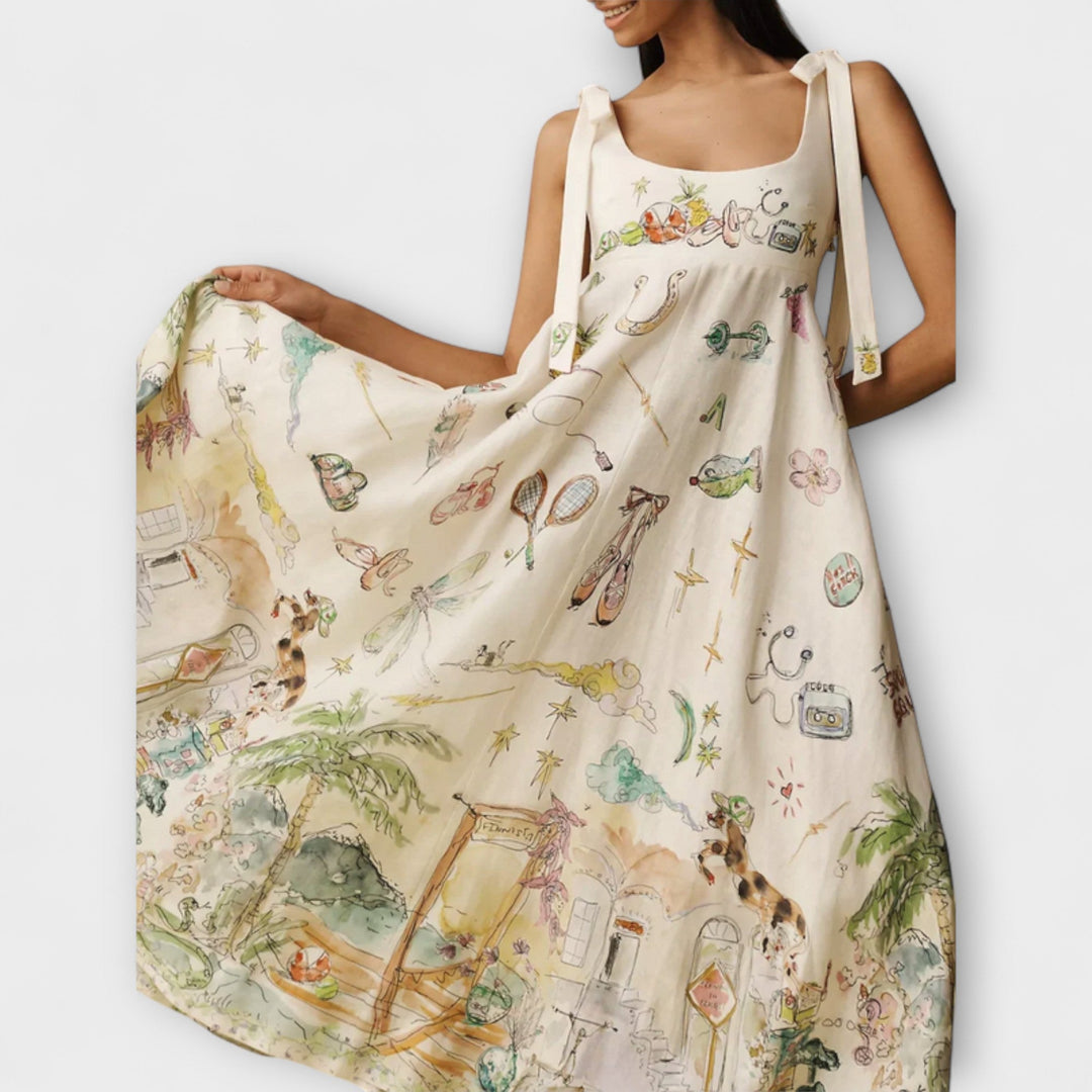 Juliette - Colorful Midi Dresses Made of Linen with a Ballet Belt