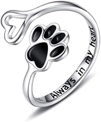 Handcrafted Adjustable Sterling Silver Ring with Paw Print & Heart