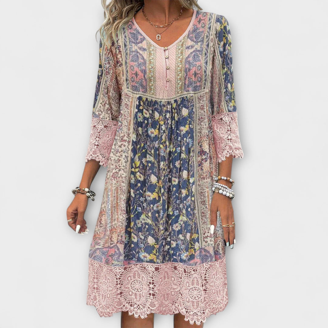 Casey - Boho Dress with Lace Details and Vintage Floral Print