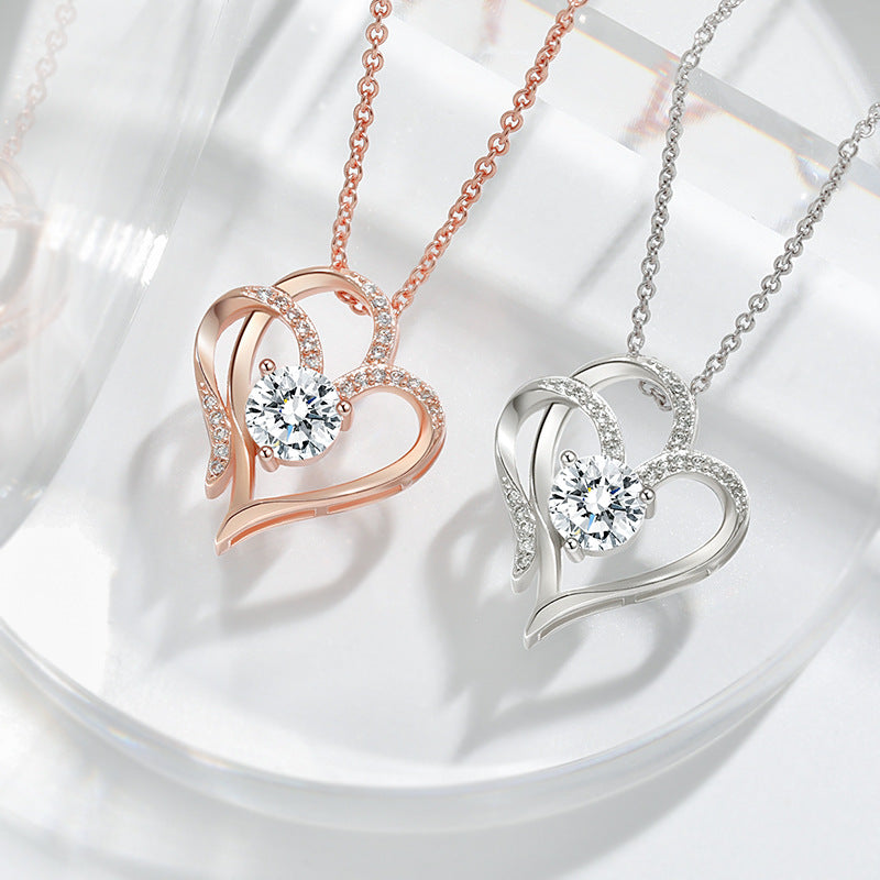 Double Heart Necklace with Zirconia – Adjustable Women's Necklace