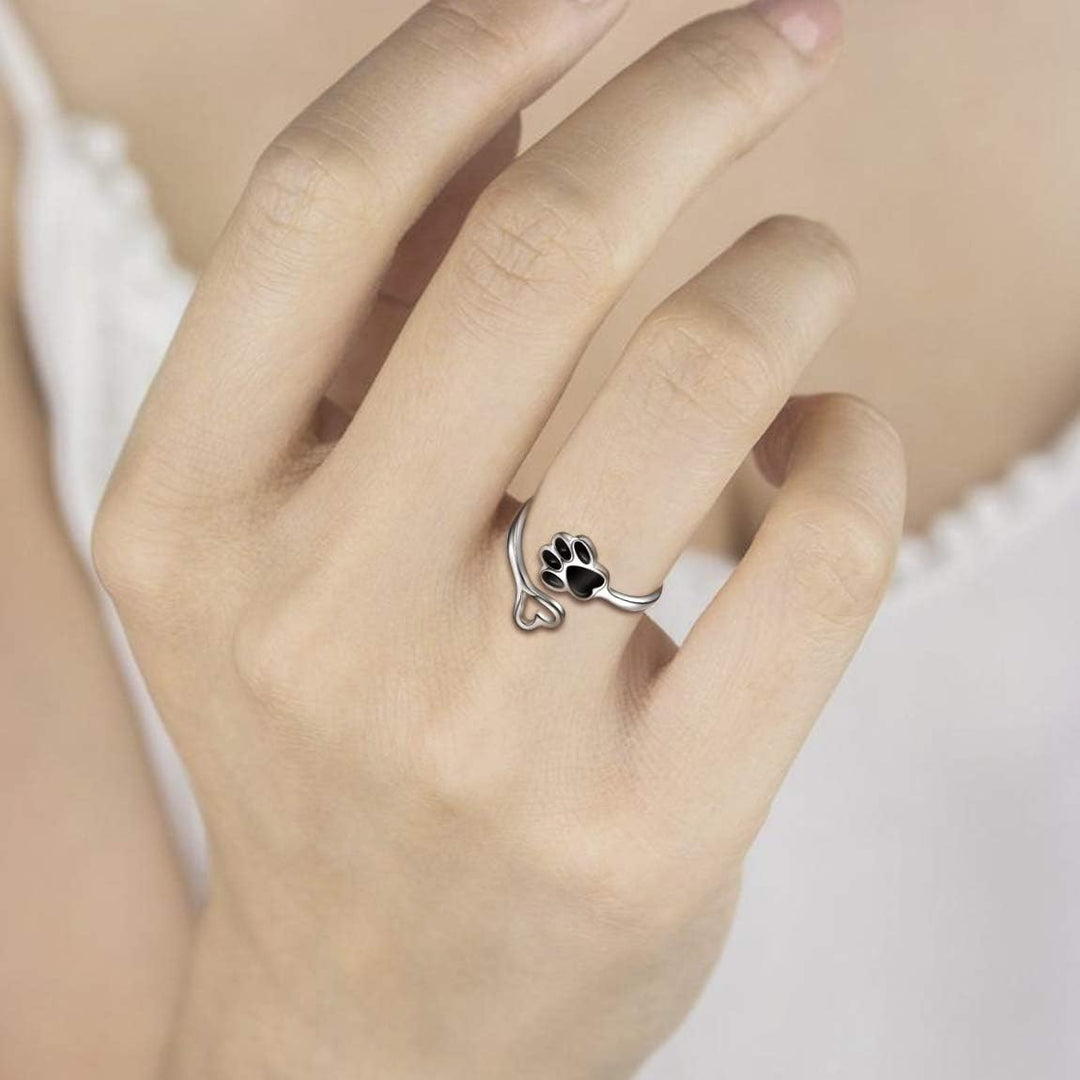 Handcrafted Adjustable Sterling Silver Ring with Paw Print & Heart