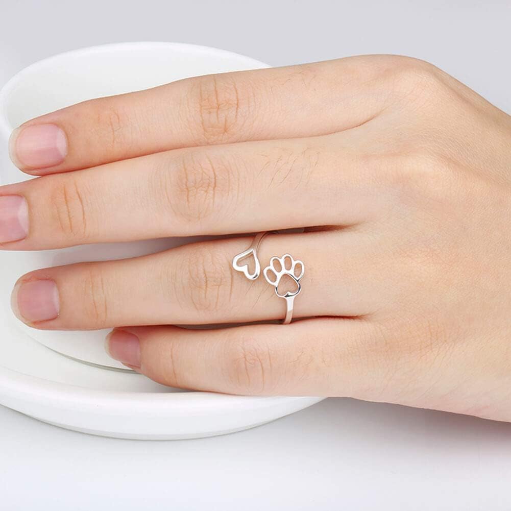 Handcrafted Adjustable Sterling Silver Ring with Paw Print & Heart