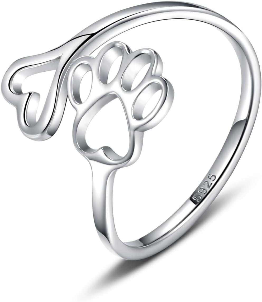 Handcrafted Adjustable Sterling Silver Ring with Paw Print & Heart