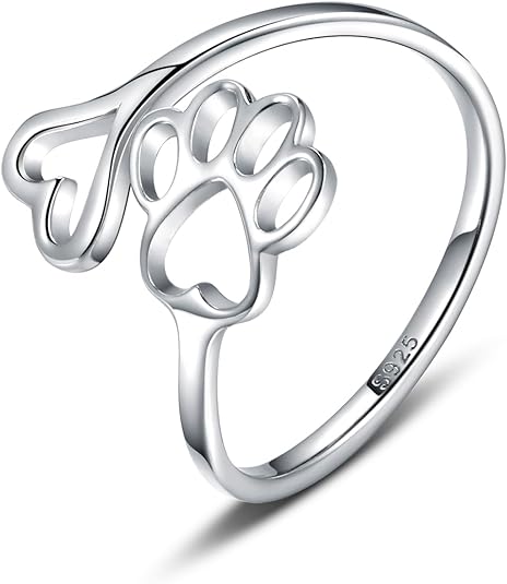 Handcrafted Adjustable Sterling Silver Ring with Paw Print & Heart
