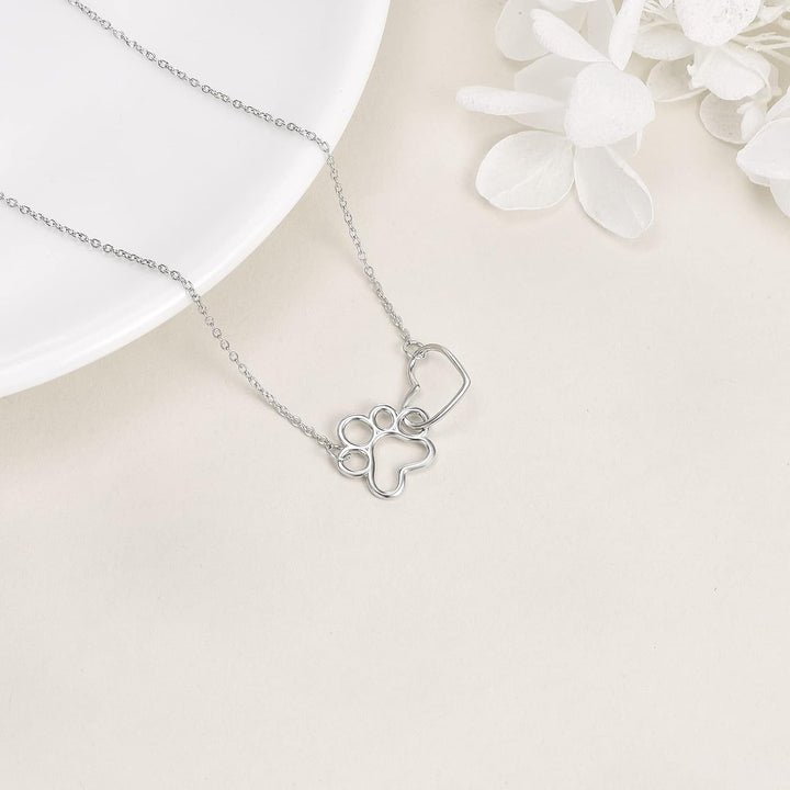 Sterling Silver Paw Print Necklace – Heart Crystal Pendant with Dog Paw