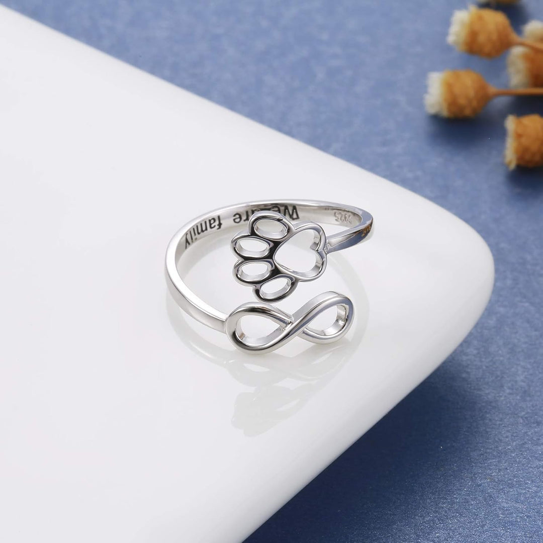 Handcrafted Adjustable Sterling Silver Ring with Paw Print & Heart
