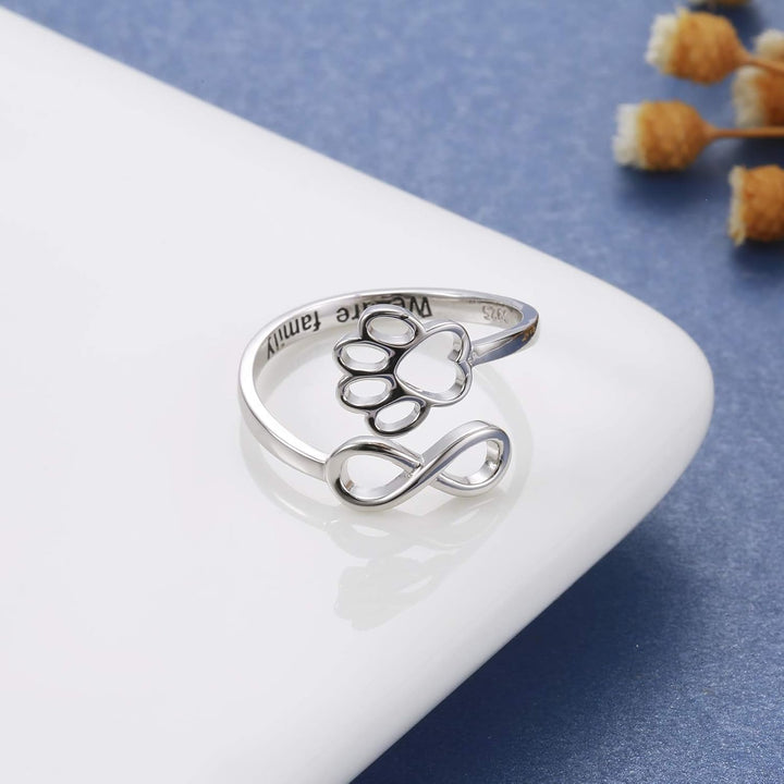 Handcrafted Adjustable Sterling Silver Ring with Paw Print & Heart