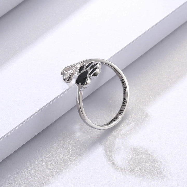 Handcrafted Adjustable Sterling Silver Ring with Paw Print & Heart