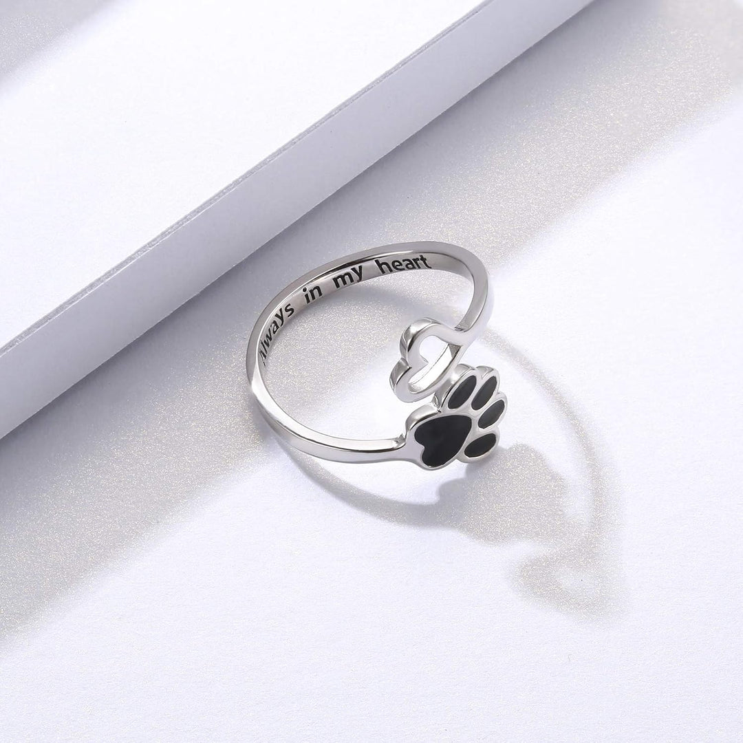 Handcrafted Adjustable Sterling Silver Ring with Paw Print & Heart