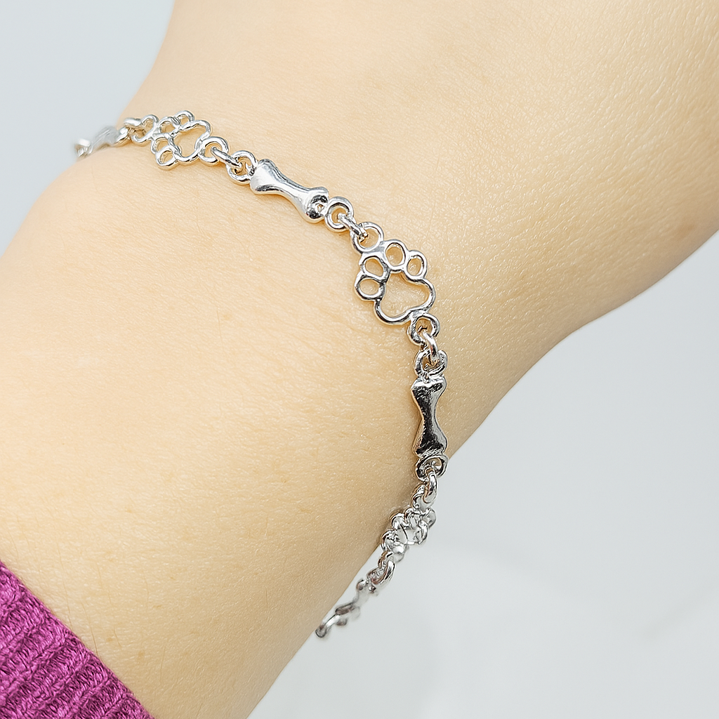 Solid Silver Bracelet with Dog Paw & Bone Charms
