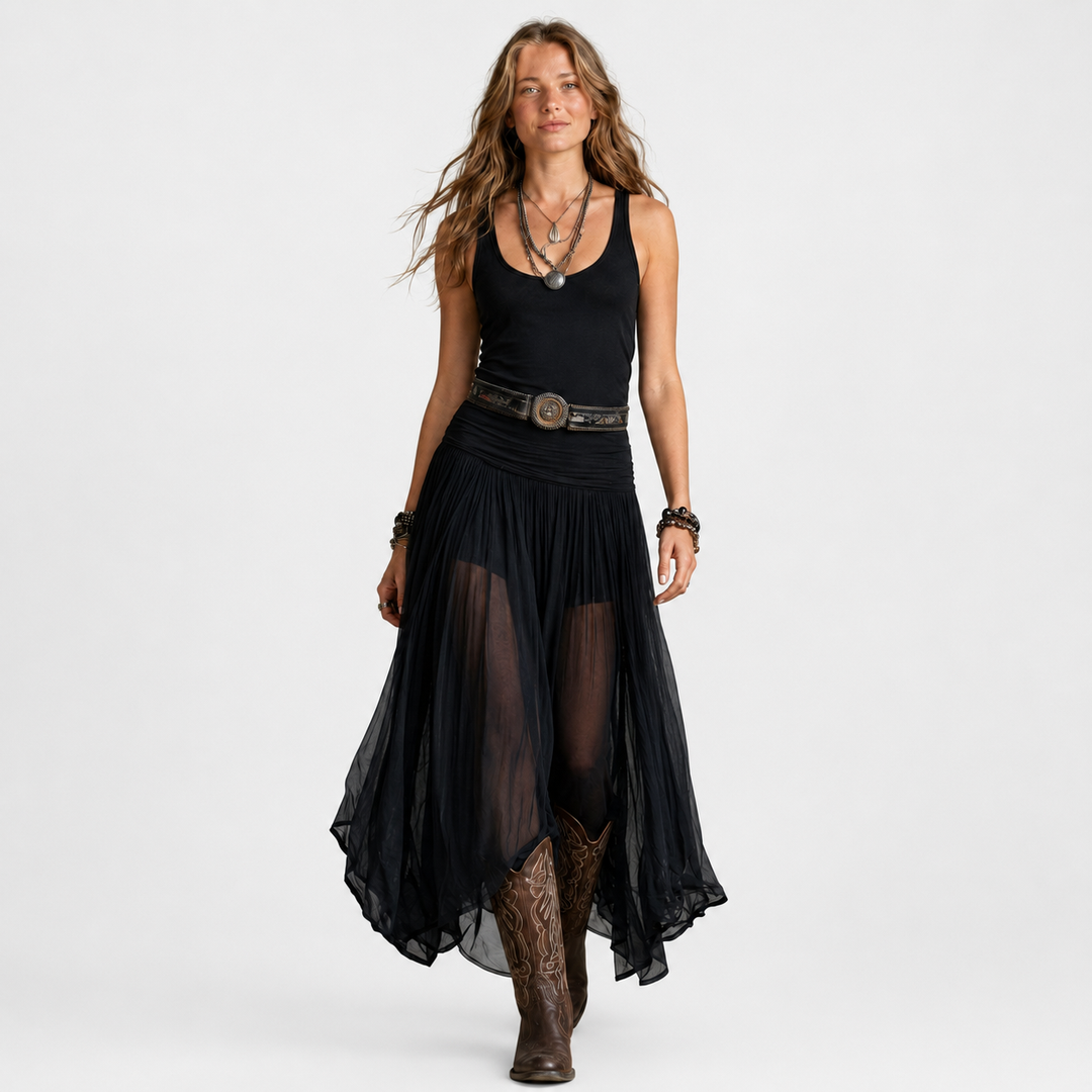 Odetta – Maxi Dress Combining Tulle and Belt