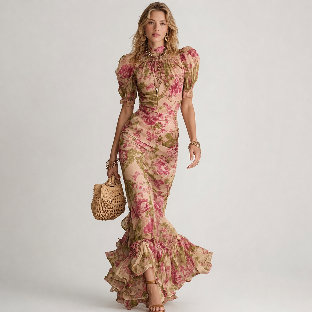 Laura - Fitted Long Dress with Floral Pattern