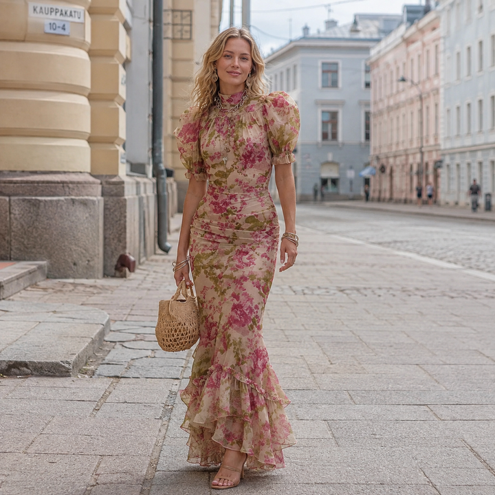 Laura - Fitted Long Dress with Floral Pattern