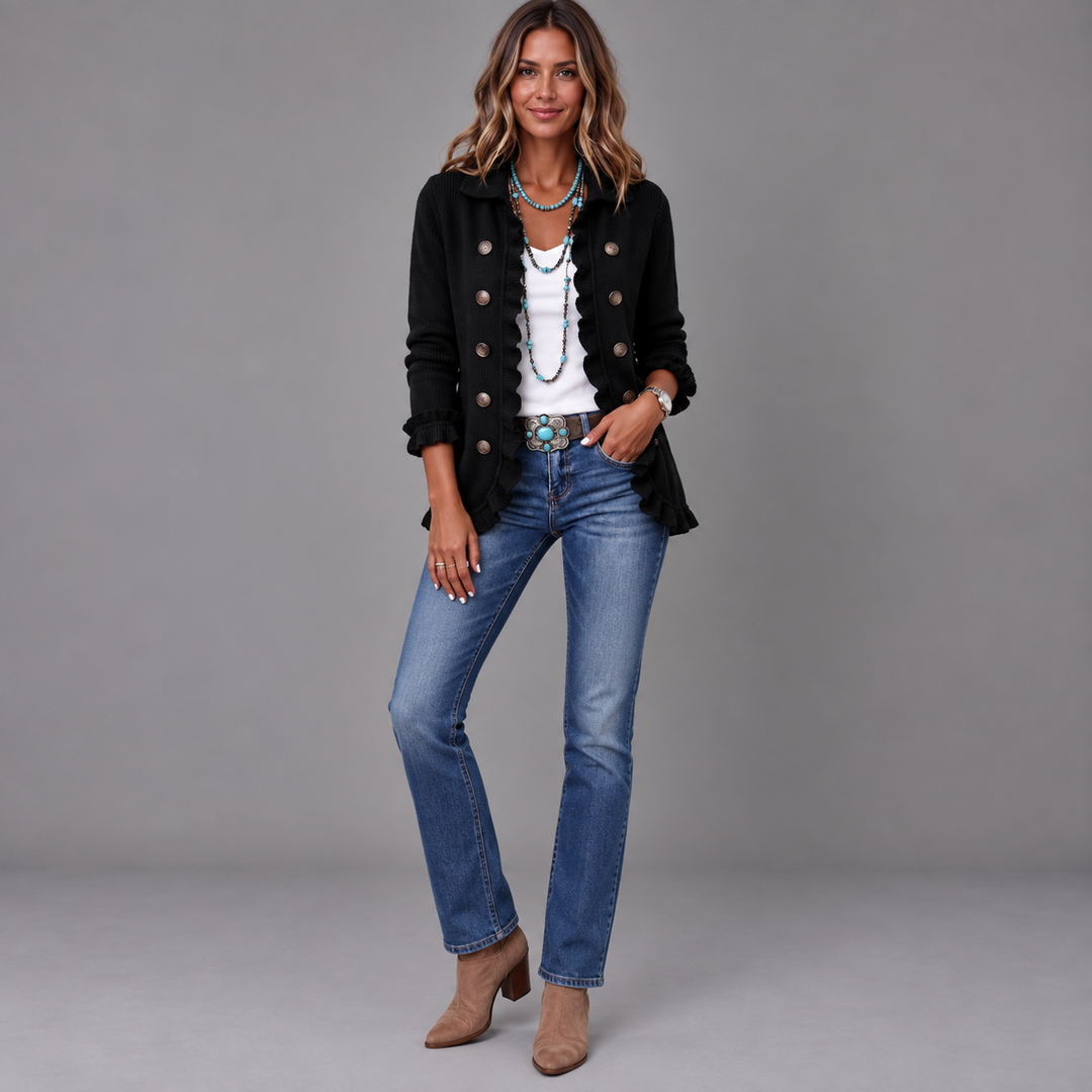 Zaira | Intense Black Ribbed Jacket with Ruffles
