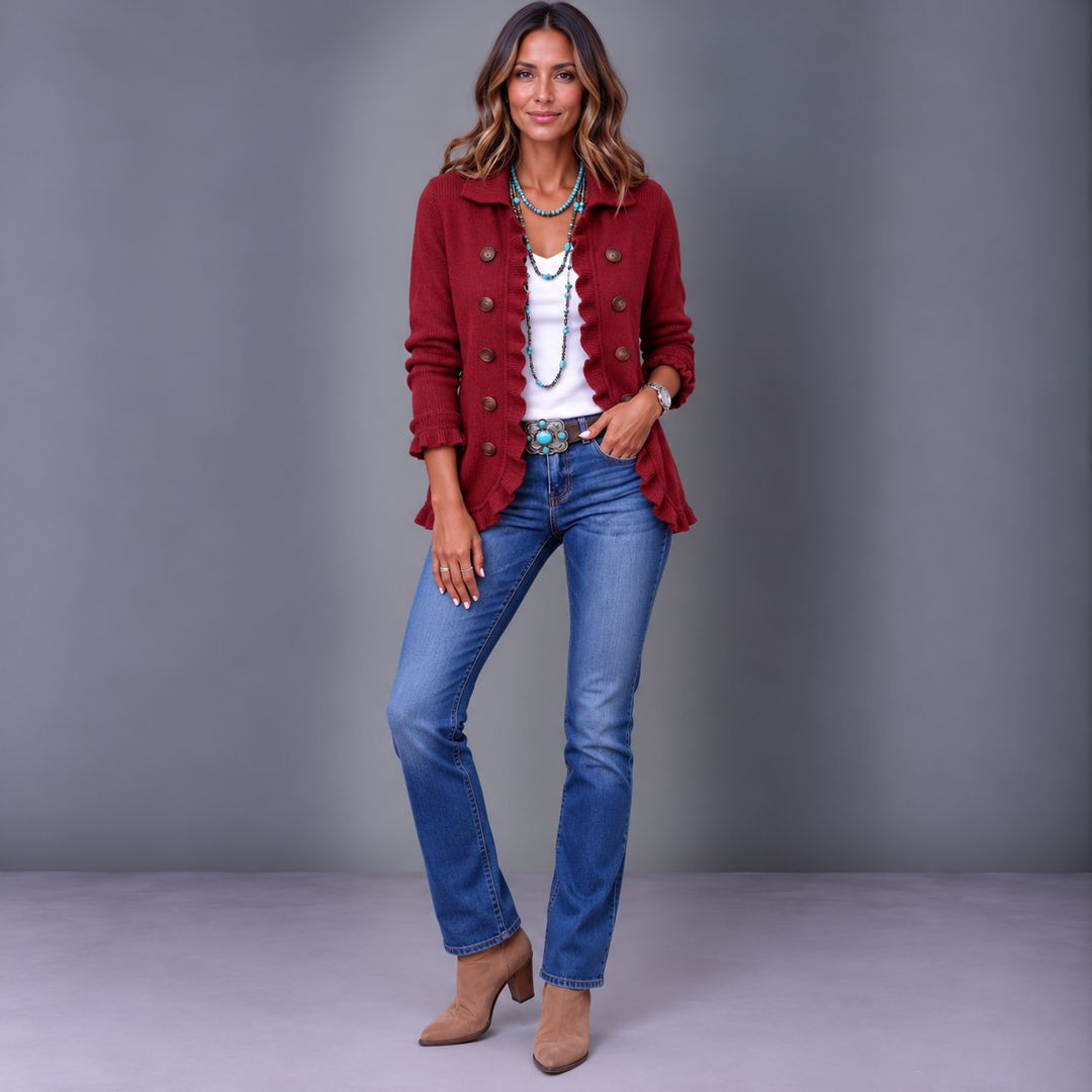 Marta | Ruby Red Ribbed Jacket with Ruffles