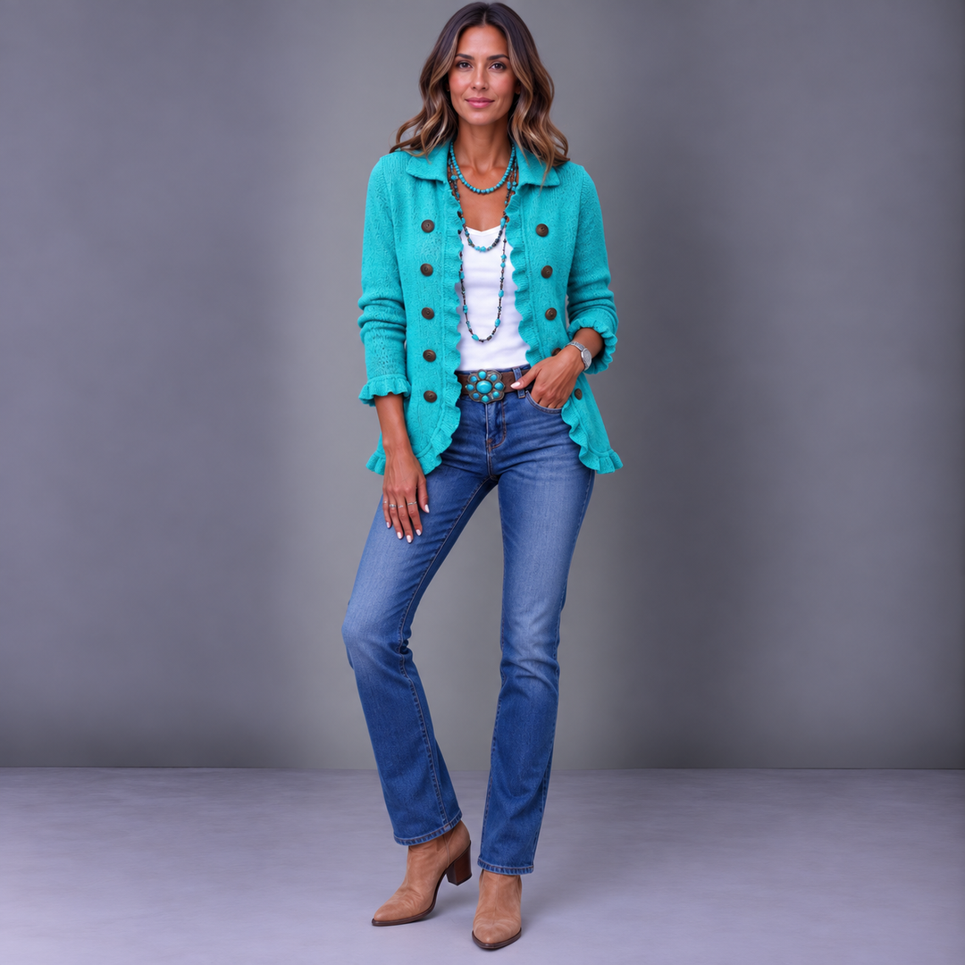 Silvana | Turquoise Ribbed Jacket with Ruffles