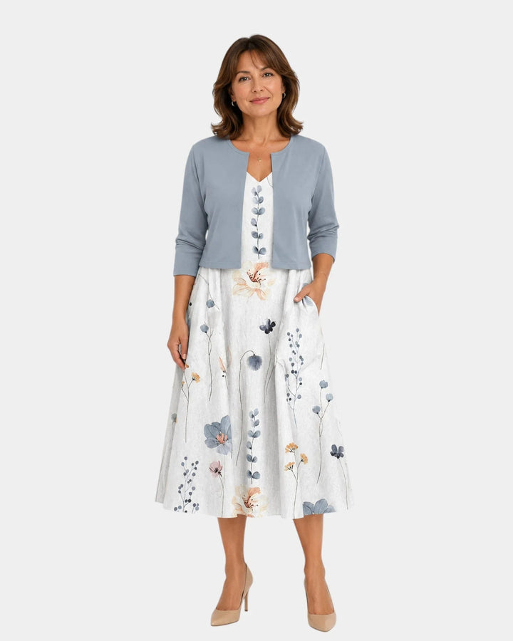 Guilaine | Flowered Dress and Lightweight Cardigan Set