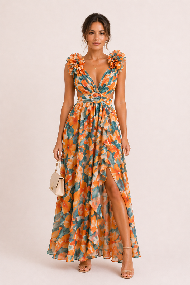 Sifonki-Maxidress with V-Neck and Floral Pattern with 3D Flowers and Cut-Out Detail