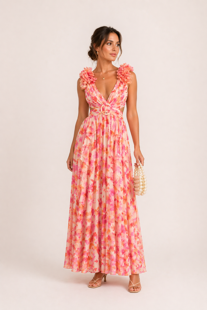 Sifonki-Maxidress with V-Neck and Floral Pattern with 3D Flowers and Cut-Out Detail