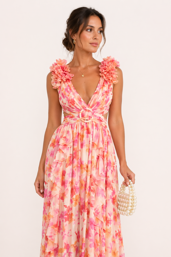 Sifonki-Maxidress with V-Neck and Floral Pattern with 3D Flowers and Cut-Out Detail