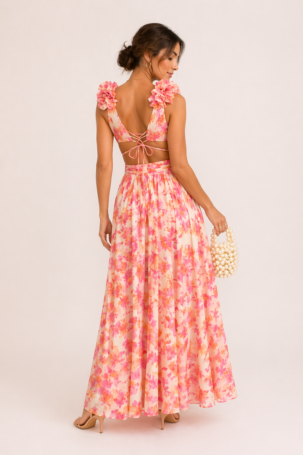Sifonki-Maxidress with V-Neck and Floral Pattern with 3D Flowers and Cut-Out Detail