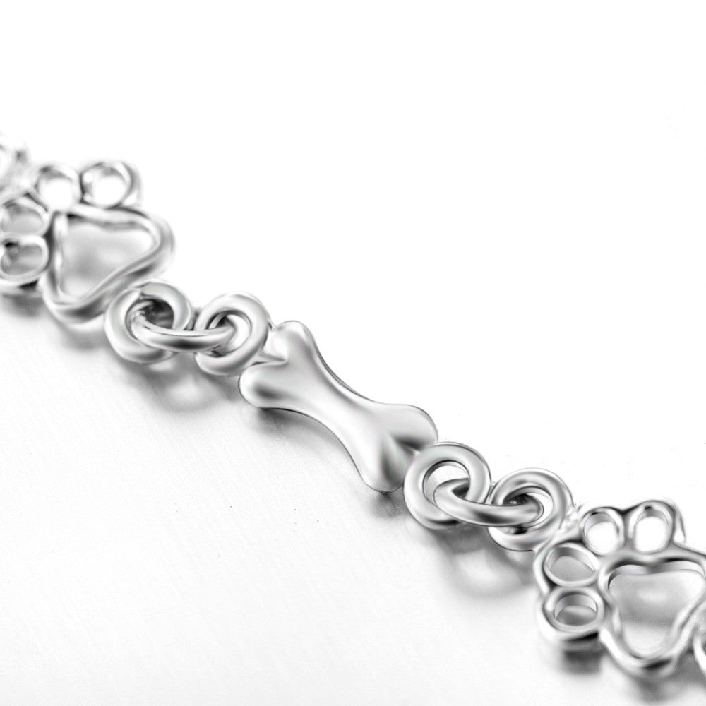 Solid Silver Bracelet with Dog Paw & Bone Charms