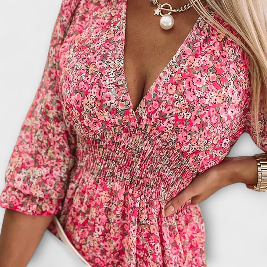 Women's Floral Print Dress with Pear-Shaped Sleeves