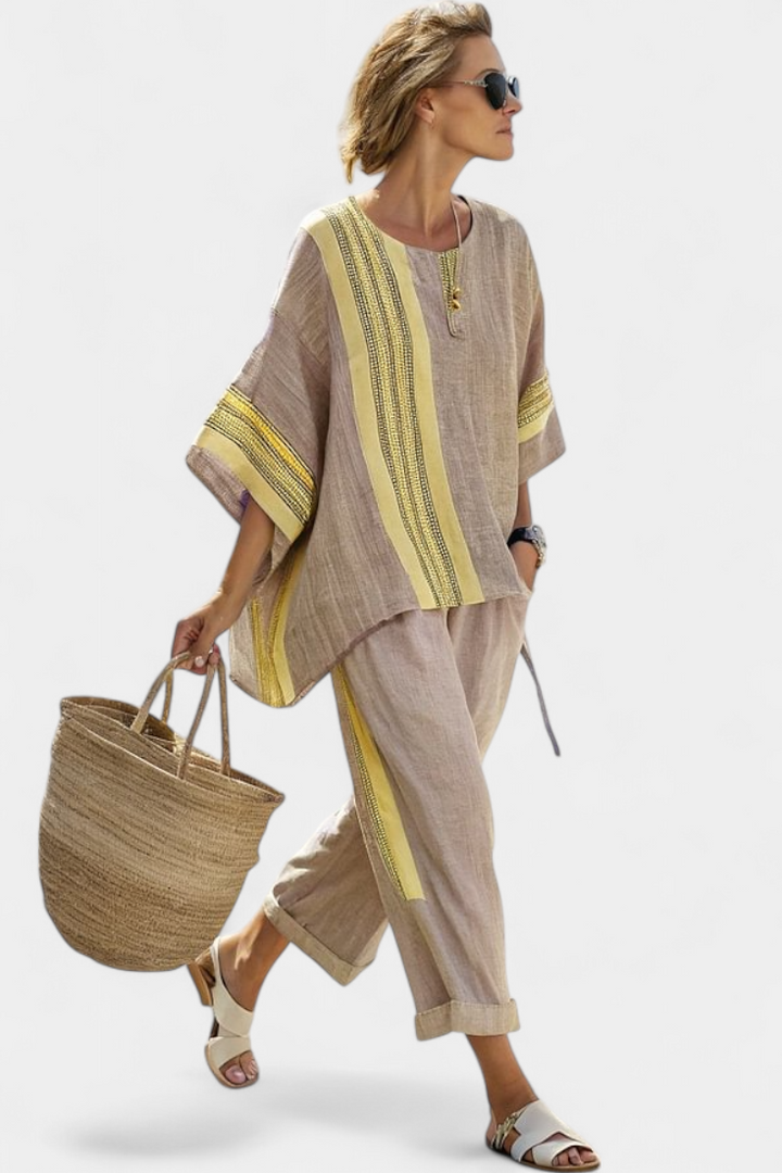 Tereza – Stylish top in lavender with mustard yellow striped pants