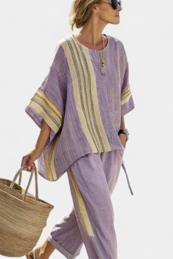 Tereza – Stylish top in lavender with mustard yellow striped pants