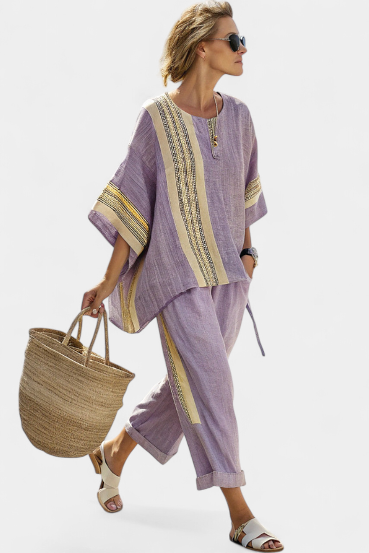 Tereza – Stylish top in lavender with mustard yellow striped pants