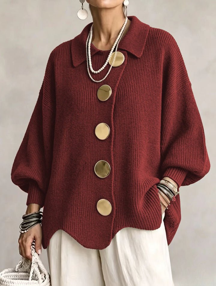 Isadora | Cardigan Oversize com Colarinho e Grandes Botões Metálicos