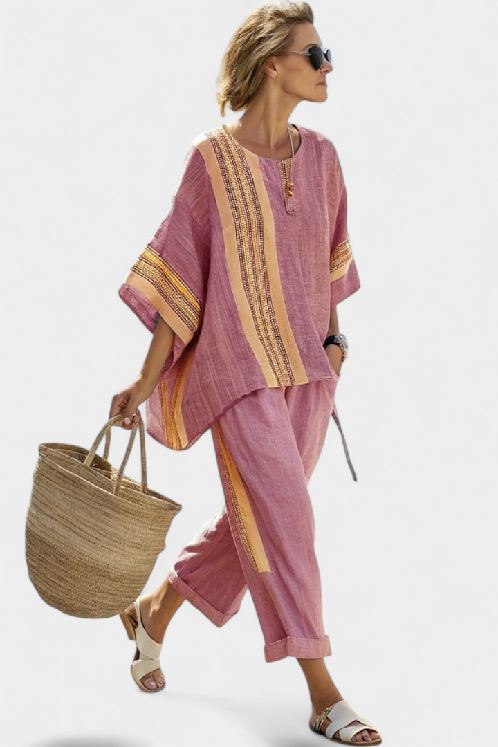 Tereza – Stylish top in lavender with mustard yellow striped pants