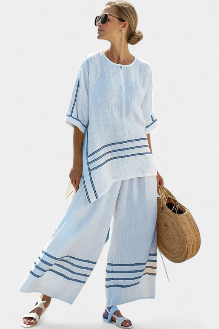 Bohumila – Complex Asymmetric Striped Top with Bold Pants