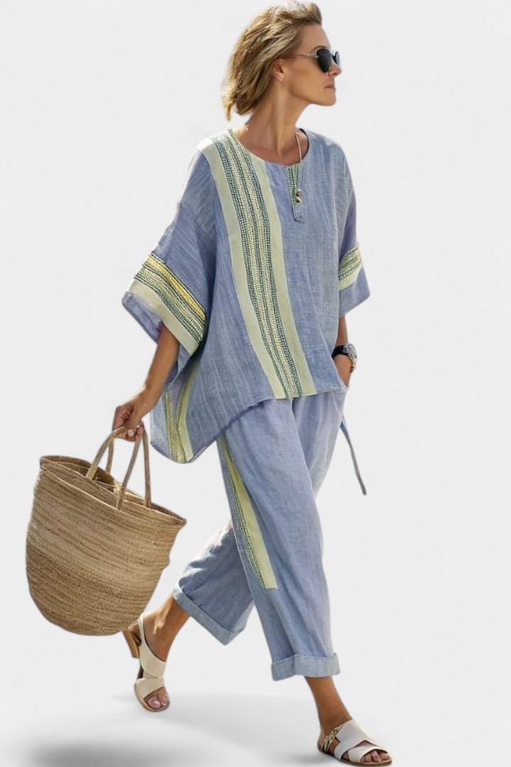 Tereza – Stylish top in lavender with mustard yellow striped pants