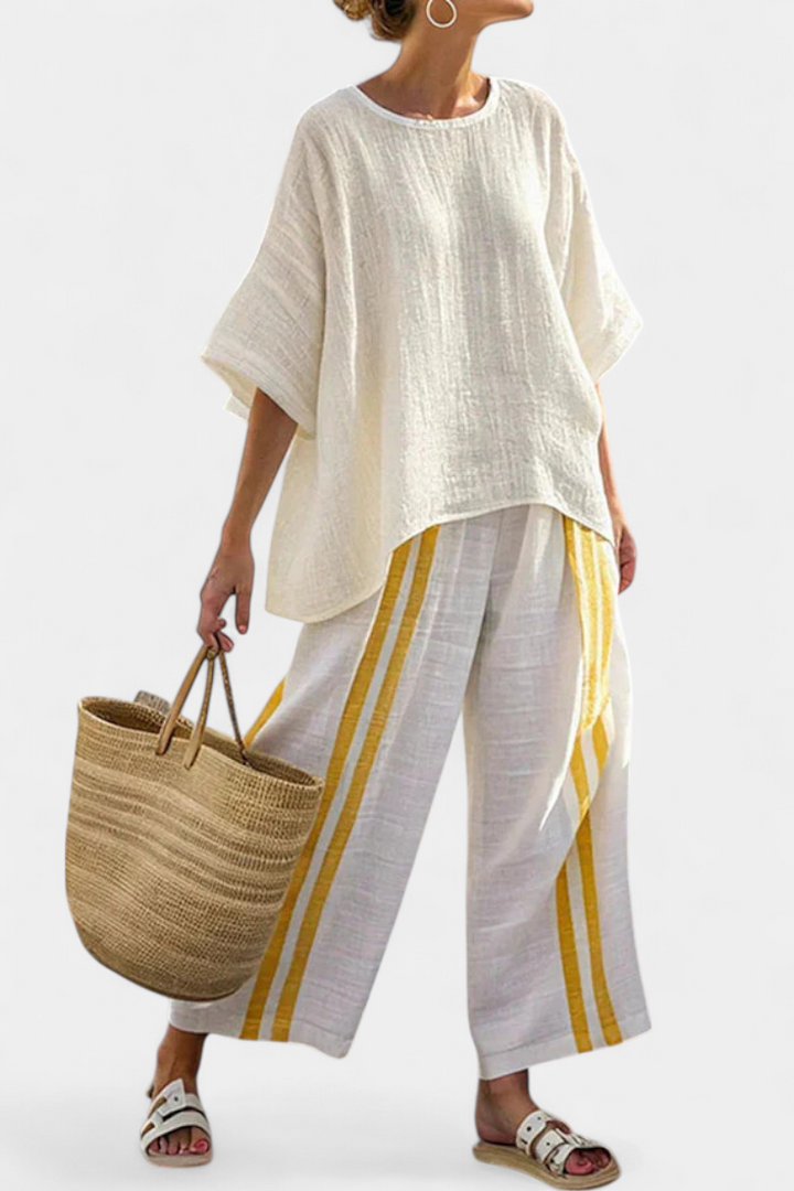 Vera – Stylish Linen Top with Yellow Stripes and Wide Pants