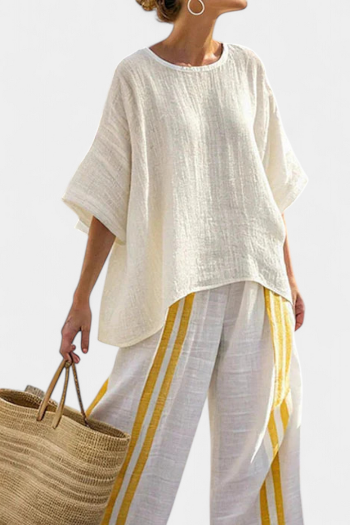Vera – Stylish Linen Top with Yellow Stripes and Wide Pants