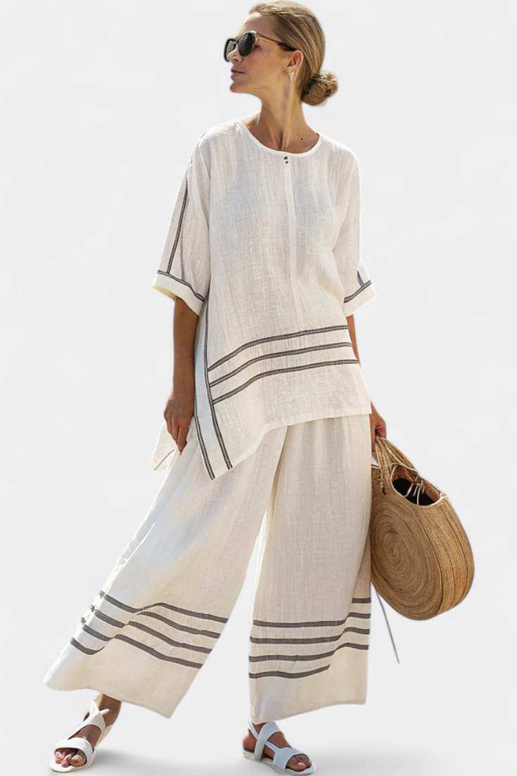 Bohumila – complex asymmetric striped top with bold pants