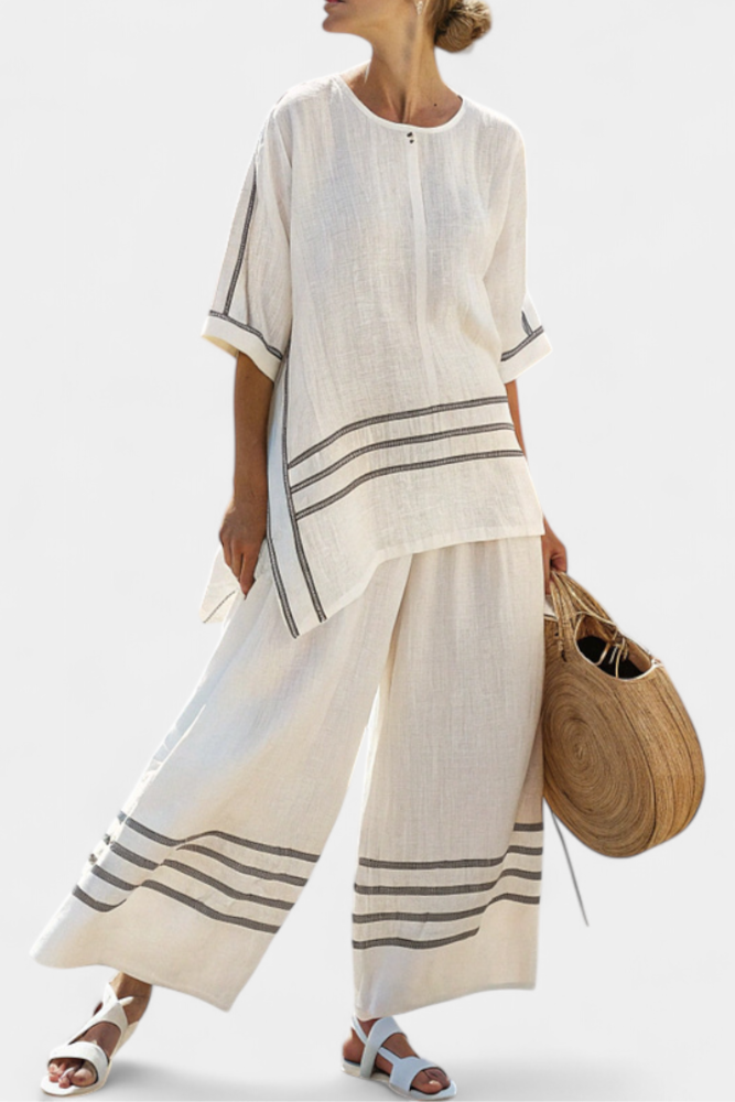 Bohumila – Complex Asymmetric Striped Top with Bold Pants