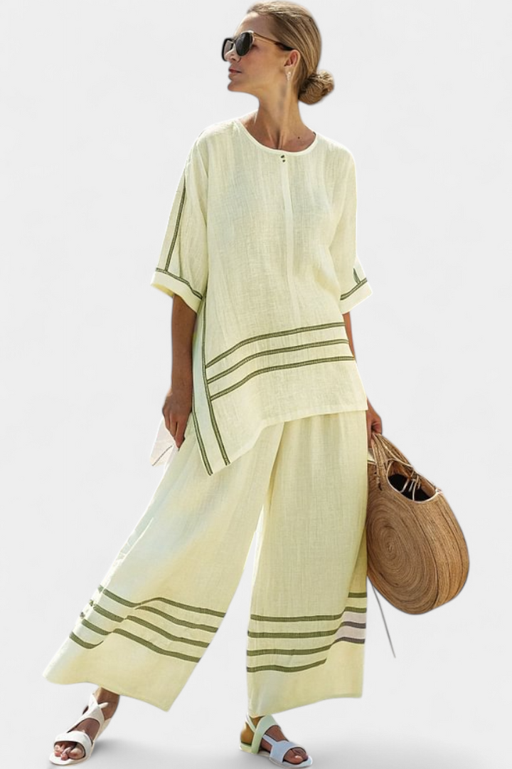 Bohumila – Complex Asymmetric Striped Top with Bold Pants