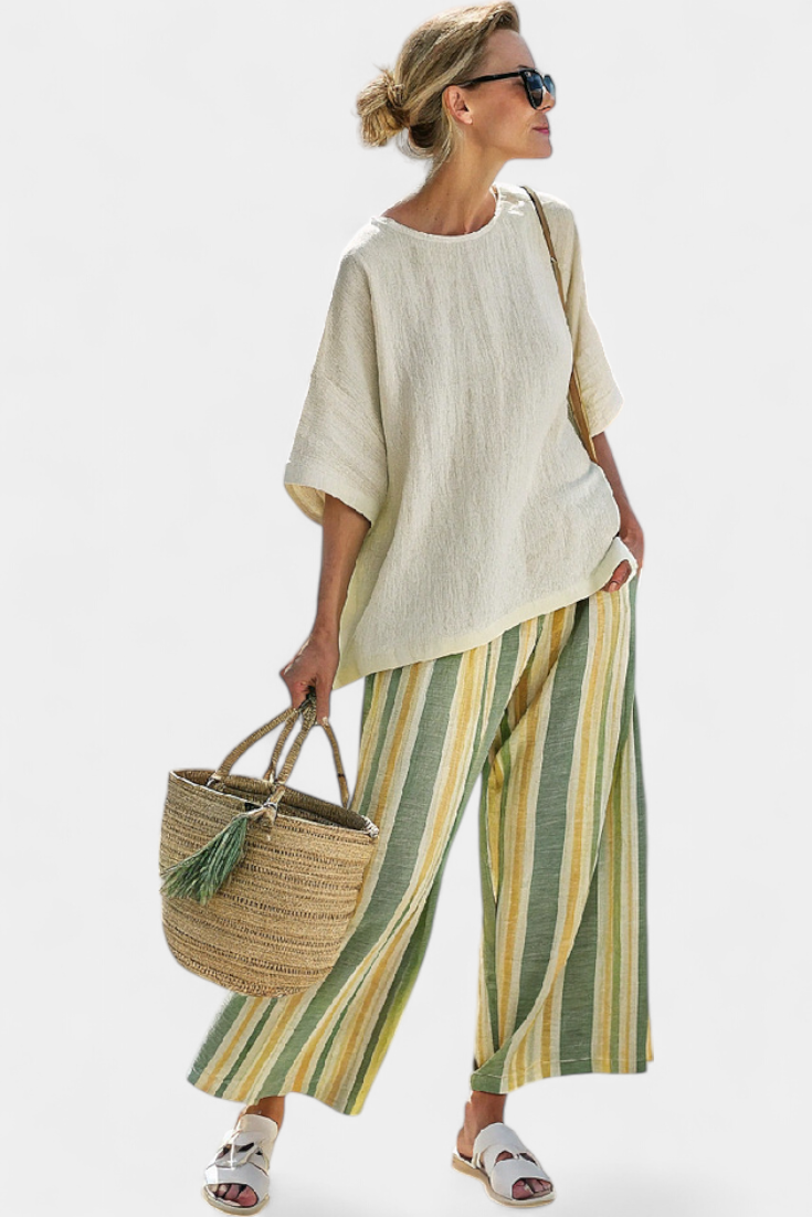 Nela – Stylish Top and Striped Linen Pants