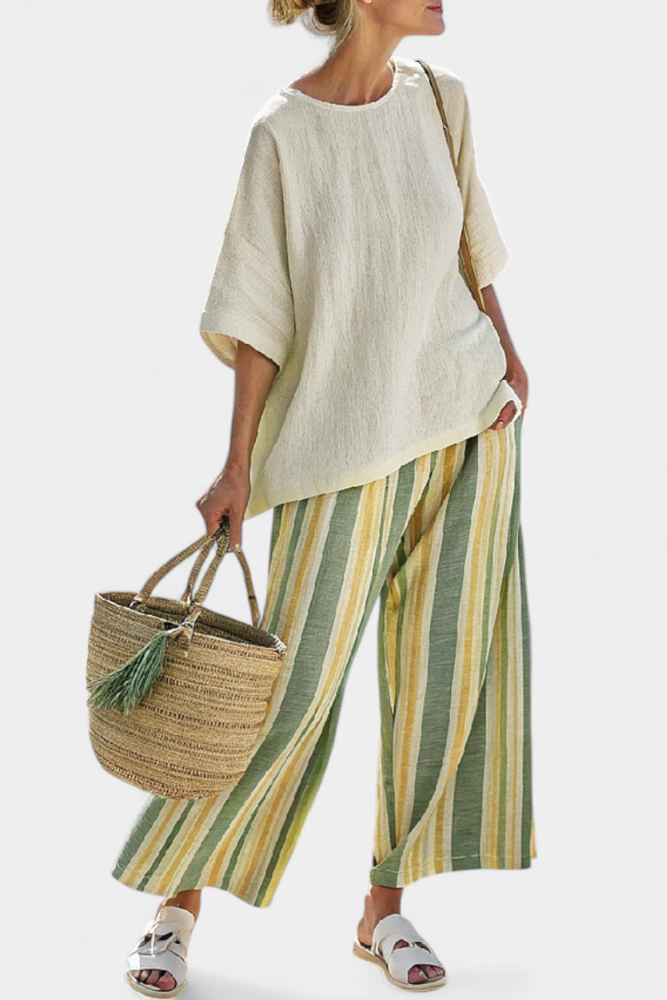 Nela – Stylish Top and Striped Linen Pants